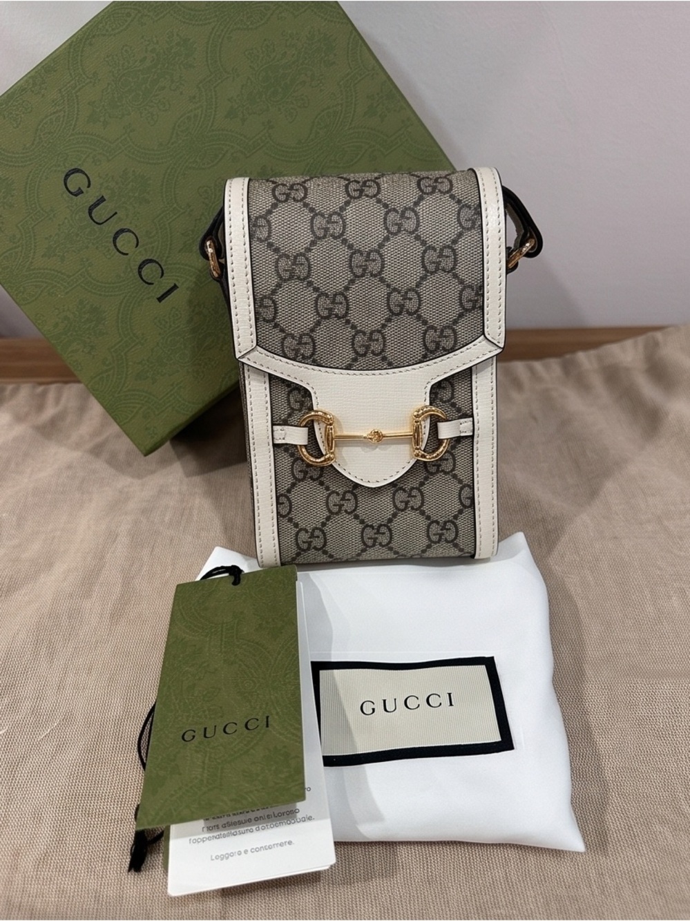 Gucci Horsebit Canvas Small Crossbody in Beige and White with Gold Hardware
